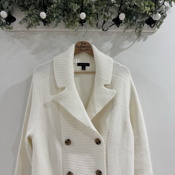 Ann Taylor Cream Ribbed Double Breasted Pea Sweater Coat Large KD - Picture 2 of 4